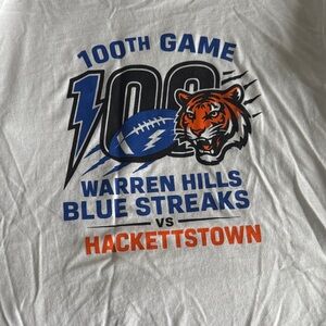 Gildan White 100th Game T-Shirt with Blue and Orange Design